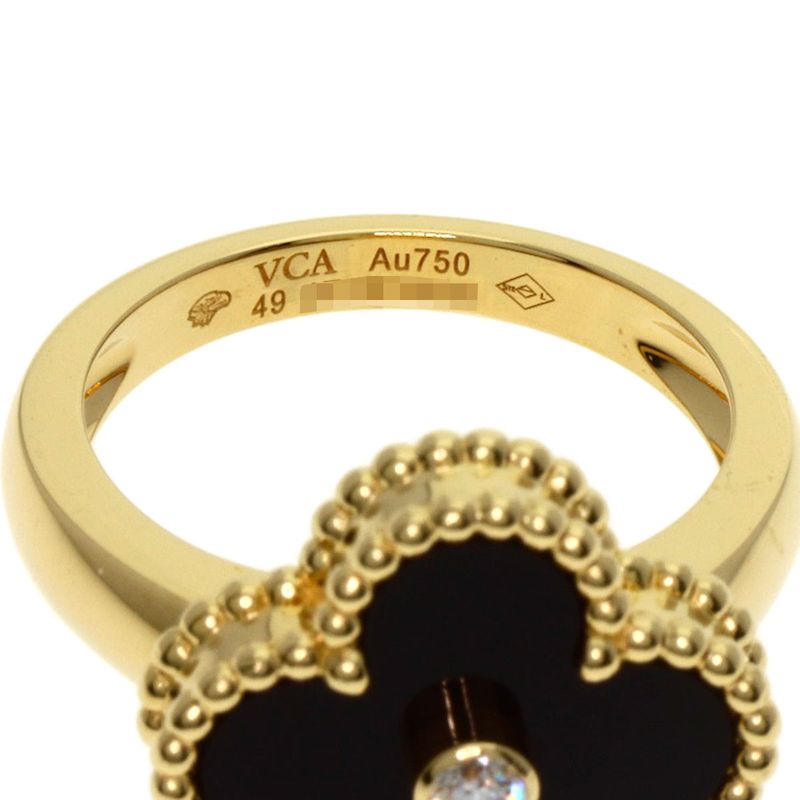 Van Cleef & Arpels Vintage Alhambra Onyx 1P Diamond Ring 18K Yellow Gold Women's
