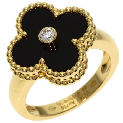 Van Cleef & Arpels Vintage Alhambra Onyx 1P Diamond Ring 18K Yellow Gold Women's