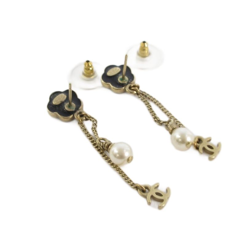 Chanel 07A Fake Pearl Coco Mark Camellia Earrings Gold Color AA