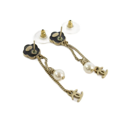 Chanel 07A Fake Pearl Coco Mark Camellia Earrings Gold Color AA