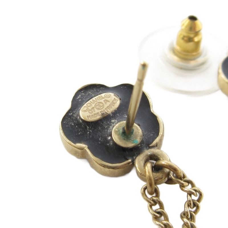 Chanel 07A Fake Pearl Coco Mark Camellia Earrings Gold Color AA