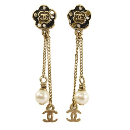 Chanel 07A Fake Pearl Coco Mark Camellia Earrings Gold Color AA