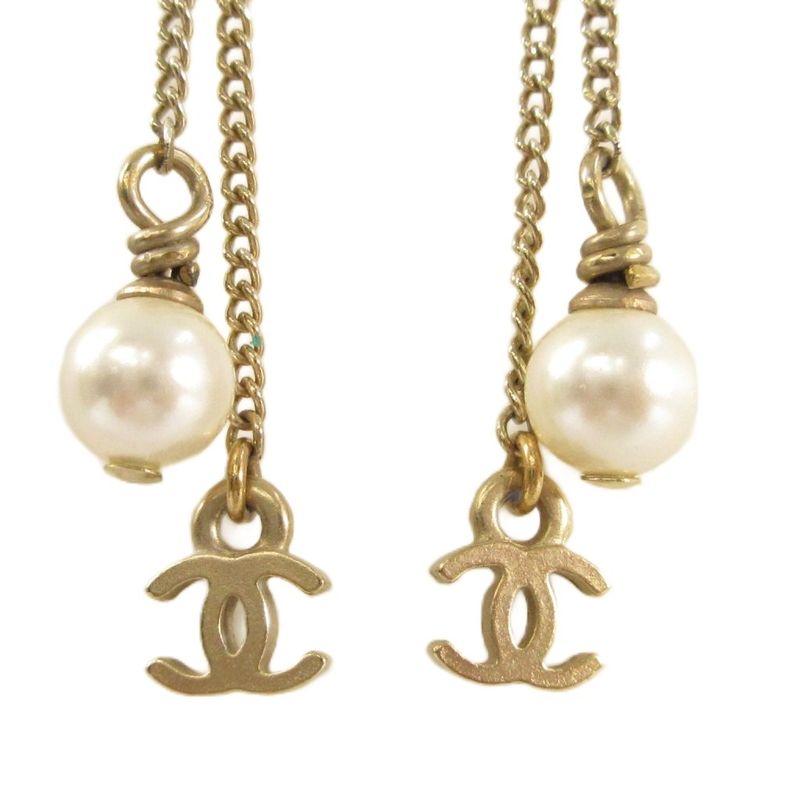 Chanel 07A Fake Pearl Coco Mark Camellia Earrings Gold Color AA