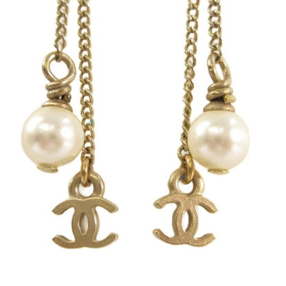 Chanel 07A Fake Pearl Coco Mark Camellia Earrings Gold Color AA