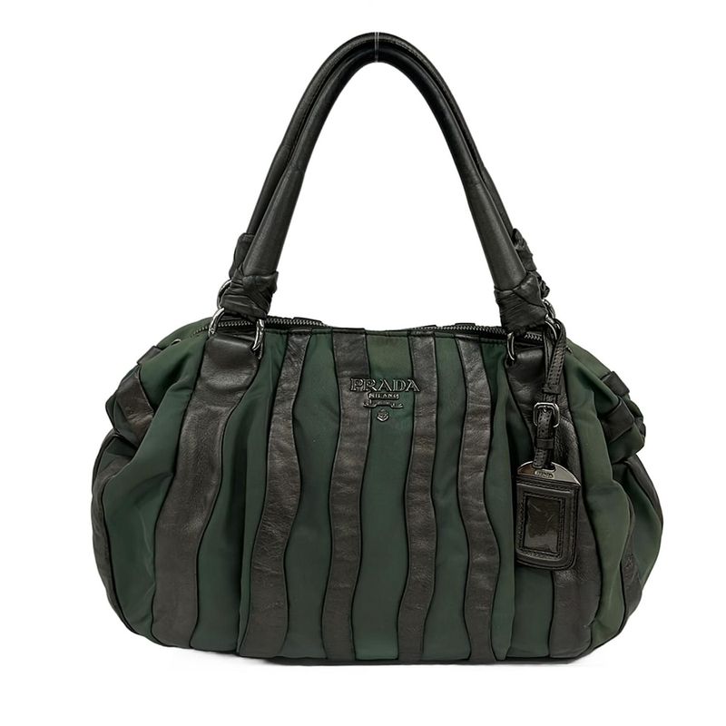 Prada Handbag - Dark Green X Dark Gray Leather Tag Leather