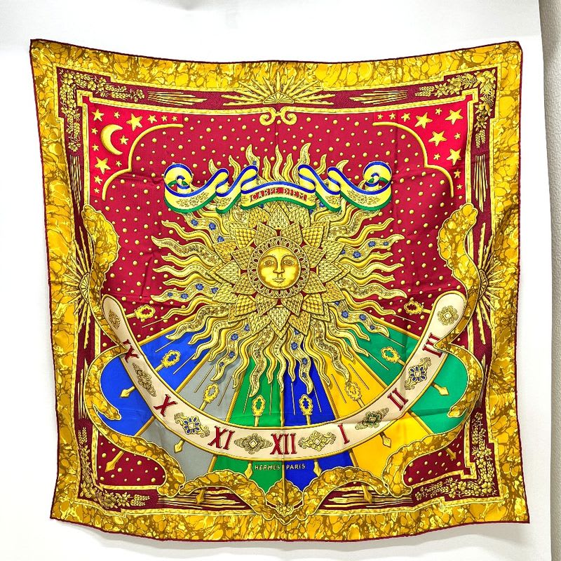 Hermes Scarf Carpe DIEM Enjoy The Day Sun Moon Star Silk Red