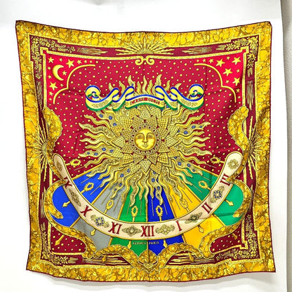 Hermes Scarf Carpe DIEM Enjoy The Day Sun Moon Star Silk Red