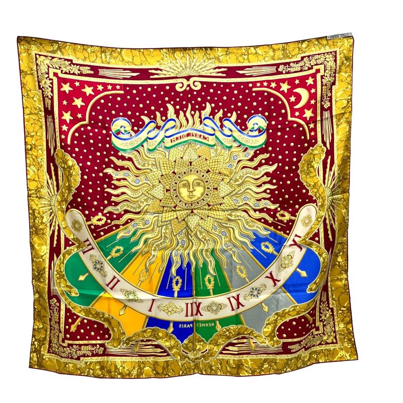 Hermes Scarf Carpe DIEM Enjoy The Day Sun Moon Star Silk Red