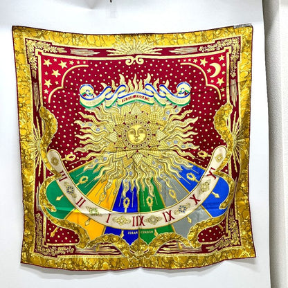 Hermes Scarf Carpe DIEM Enjoy The Day Sun Moon Star Silk Red