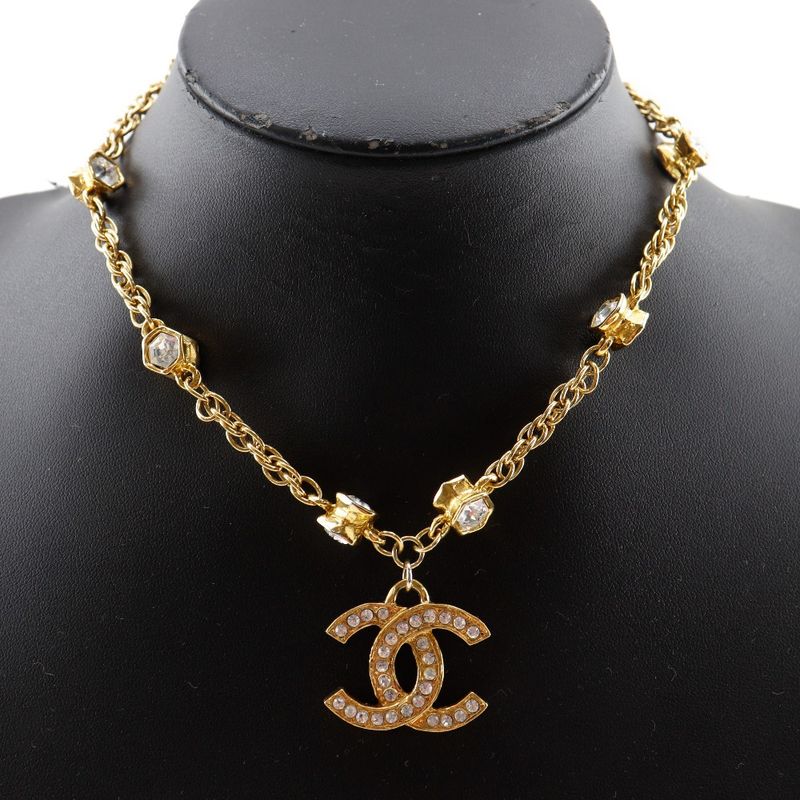 Chanel Cocomark Vintage Gold Plated X Rhinestone Women's 37g Necklace