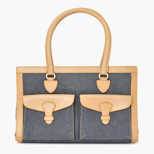 Dior Handbag BO B Denim Leather Navy Brown Gold