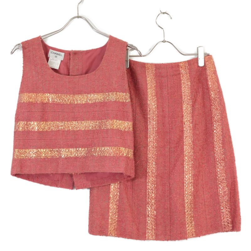 Chanel [ ]99P P13196v07517 Striped Silk Blend Sleeveless Tops Skirt Tweed 38