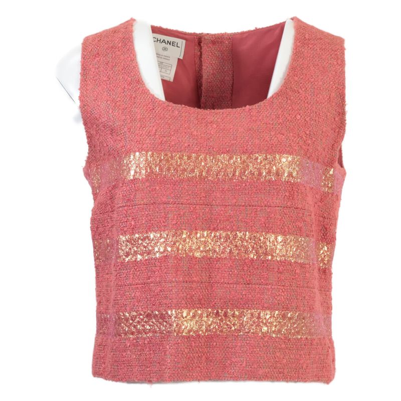 Chanel [ ]99P P13196v07517 Striped Silk Blend Sleeveless Tops Skirt Tweed 38