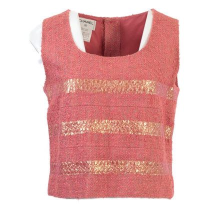 Chanel [ ]99P P13196v07517 Striped Silk Blend Sleeveless Tops Skirt Tweed 38