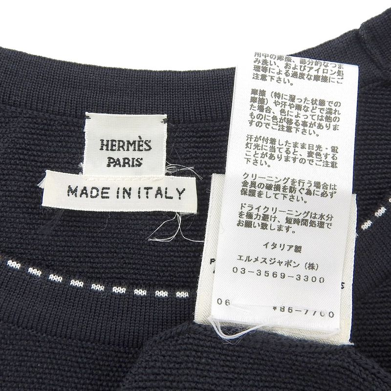 Hermes Wool Stitch French Sleeve Knit Tops Women's Navy 36
