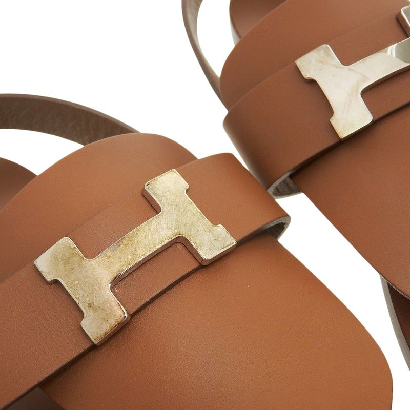 Hermes Gallery H Motif Leather Thong Sandals Women's Brown 37