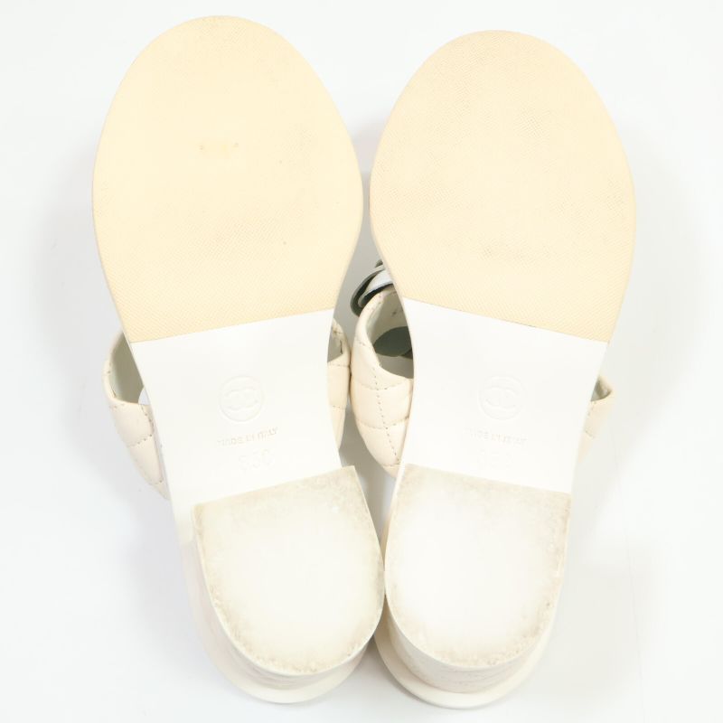 Chanel []ig32781 Camellia Motif Quilted Leather Chunky Heel Sandals 35C