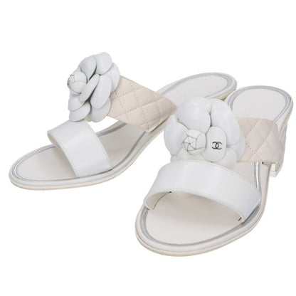 Chanel []ig32781 Camellia Motif Quilted Leather Chunky Heel Sandals 35C