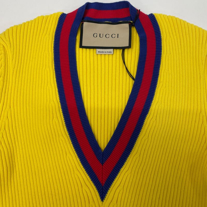 Gucci 756271 Yellow Stretch Viscose Top Cropped V Neck Knit Tops M