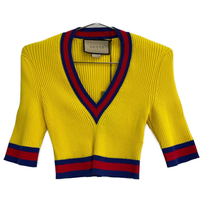 Gucci 756271 Yellow Stretch Viscose Top Cropped V Neck Knit Tops M