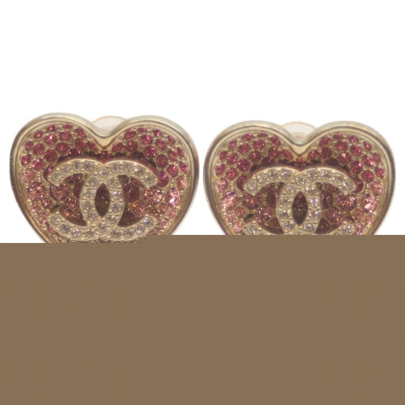 Chanel C23P GP Pink Rhinestone Heart Coco Mark Earring Gold