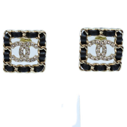 Chanel B21V GP Rhinestone Braided Square Earrings Chain Leather Black Earrings