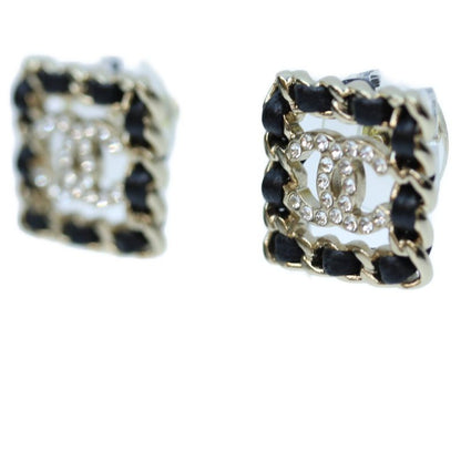 Chanel B21V GP Rhinestone Braided Square Earrings Chain Leather Black Earrings