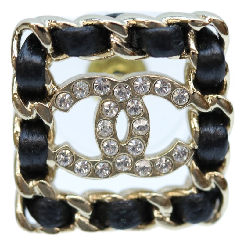 Chanel B21V GP Rhinestone Braided Square Earrings Chain Leather Black Earrings
