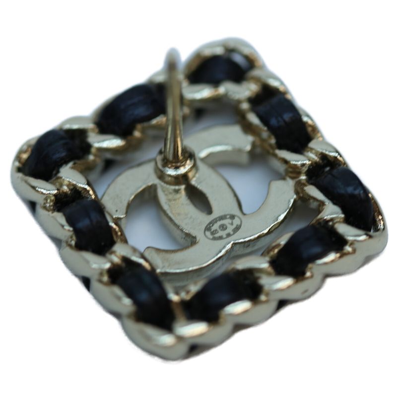 Chanel B21V GP Rhinestone Braided Square Earrings Chain Leather Black Earrings
