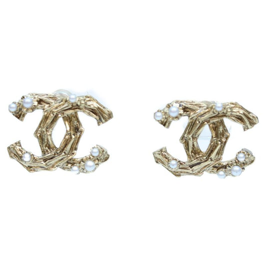 Chanel 14P GP Pearl Coco Mark Earrings Accessories Gold Ladies