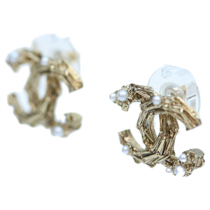 Chanel 14P GP Pearl Coco Mark Earrings Accessories Gold Ladies