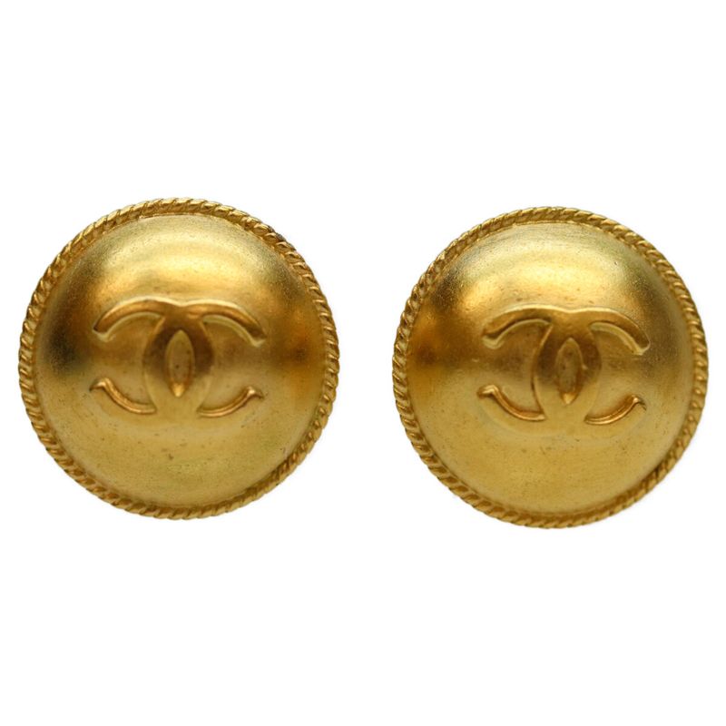 Chanel 95P GP Round Coco Mark Earring Matte Gold Accessory Ladies
