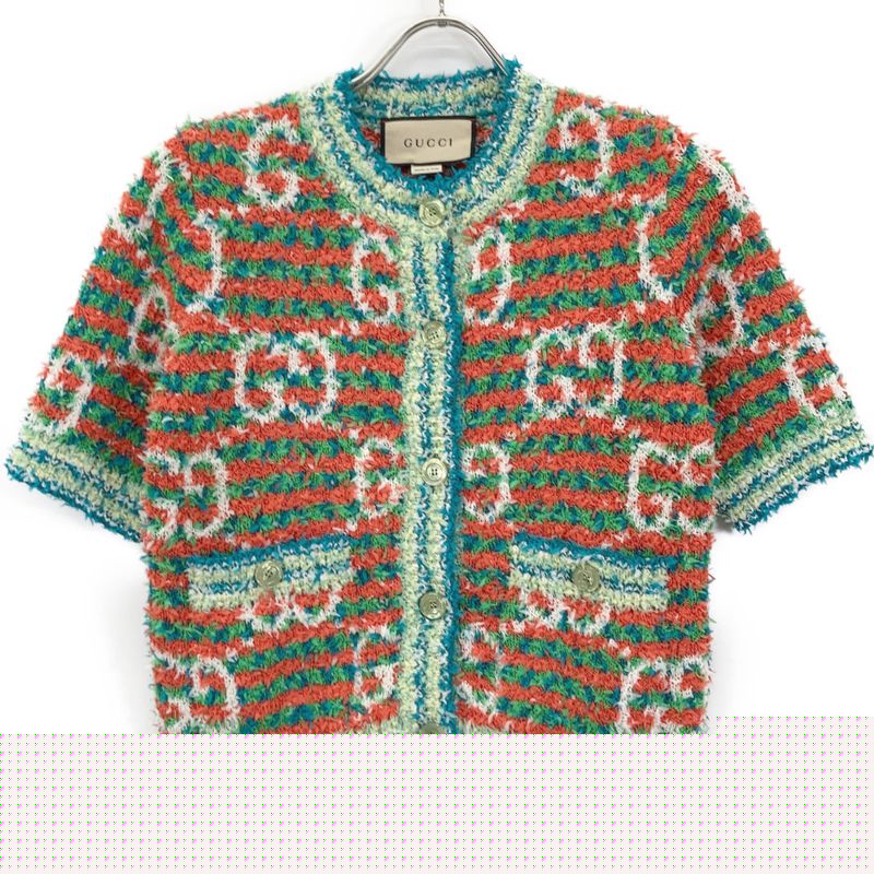 Gucci 691588 Multicolor Cotton Maxi GG Short Sleeve Knit Cardigan XS