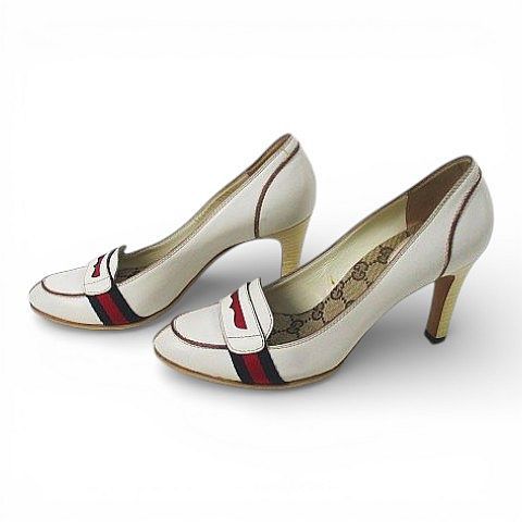 Gucci Heel Loafers Sherry Line 37.5 White Leather Made In Italy