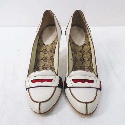 Gucci Heel Loafers Sherry Line 37.5 White Leather Made In Italy