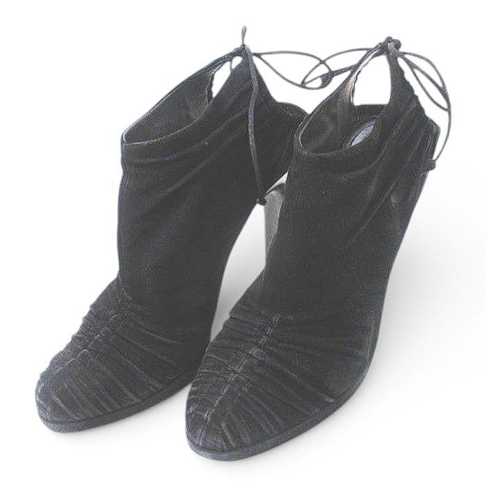 Gucci Booties High Heels Gathered Ribbon 37.5 Black Suede Made In Italy