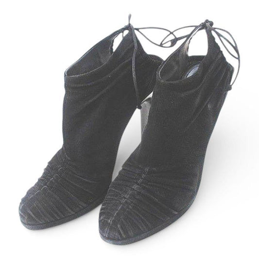 Gucci Booties High Heels Gathered Ribbon 37.5 Black Suede Made In Italy