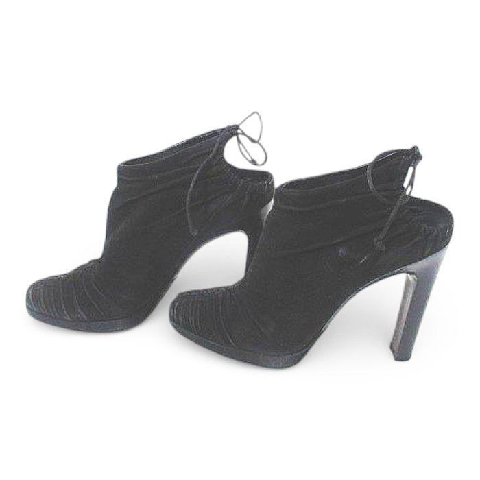 Gucci Booties High Heels Gathered Ribbon 37.5 Black Suede Made In Italy