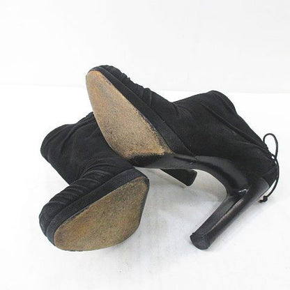 Gucci Booties High Heels Gathered Ribbon 37.5 Black Suede Made In Italy