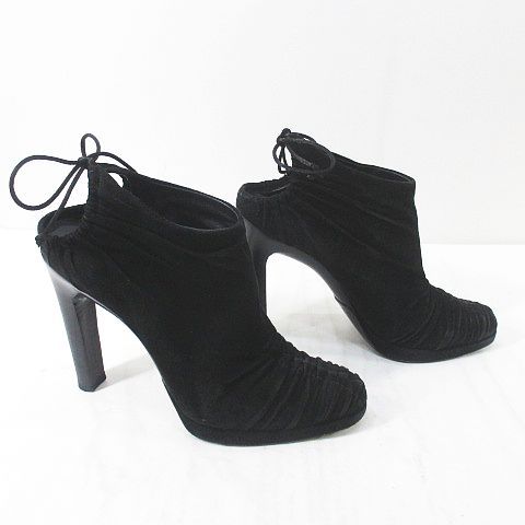 Gucci Booties High Heels Gathered Ribbon 37.5 Black Suede Made In Italy