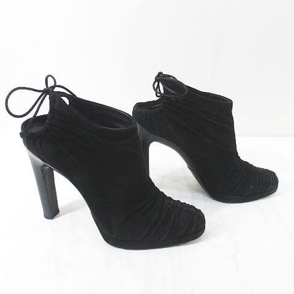 Gucci Booties High Heels Gathered Ribbon 37.5 Black Suede Made In Italy