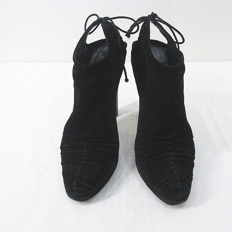 Gucci Booties High Heels Gathered Ribbon 37.5 Black Suede Made In Italy