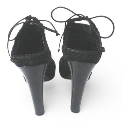 Gucci Booties High Heels Gathered Ribbon 37.5 Black Suede Made In Italy