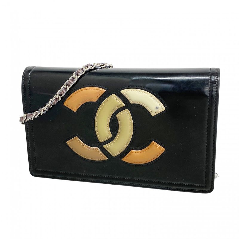 Chanel Shoulder Wallet Patent Leather Black Silver Hardware Women's