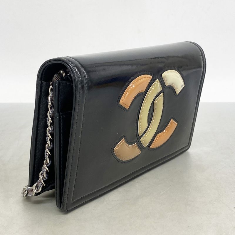 Chanel Shoulder Wallet Patent Leather Black Silver Hardware Women's