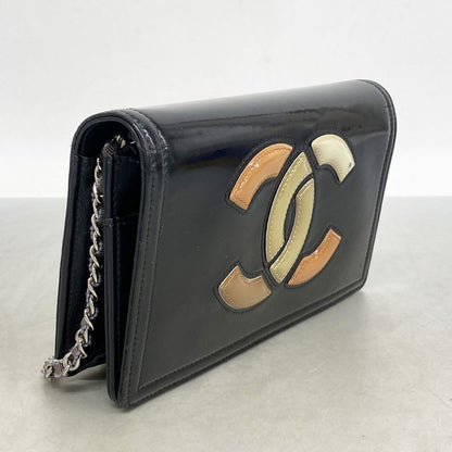 Chanel Shoulder Wallet Patent Leather Black Silver Hardware Women's