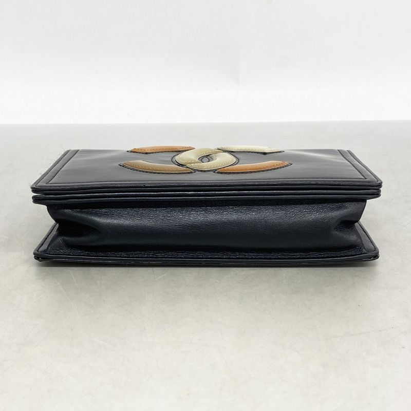 Chanel Shoulder Wallet Patent Leather Black Silver Hardware Women's