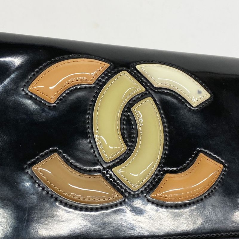 Chanel Shoulder Wallet Patent Leather Black Silver Hardware Women's