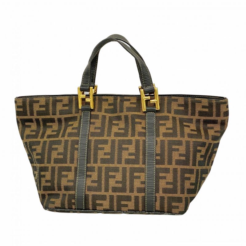 Fendi Handbag Zucca Nylon Canvas Brown Gold Hardware Ladies
