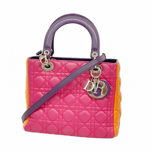 Christian Dior Handbag Cannage Lady Dior Leather Purple Pink Orange Silver